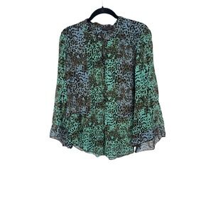 Hale Bob Silk Animal Print Button Up Blouse Top Teal Blue Brown‎ Womens
